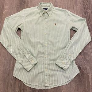 SOLD- Ralph Lauren Slim Fit Knit Oxford Green White Striped Shirt Size 2
